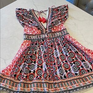 Headed and embroidered flutter sleeve mini  Dress